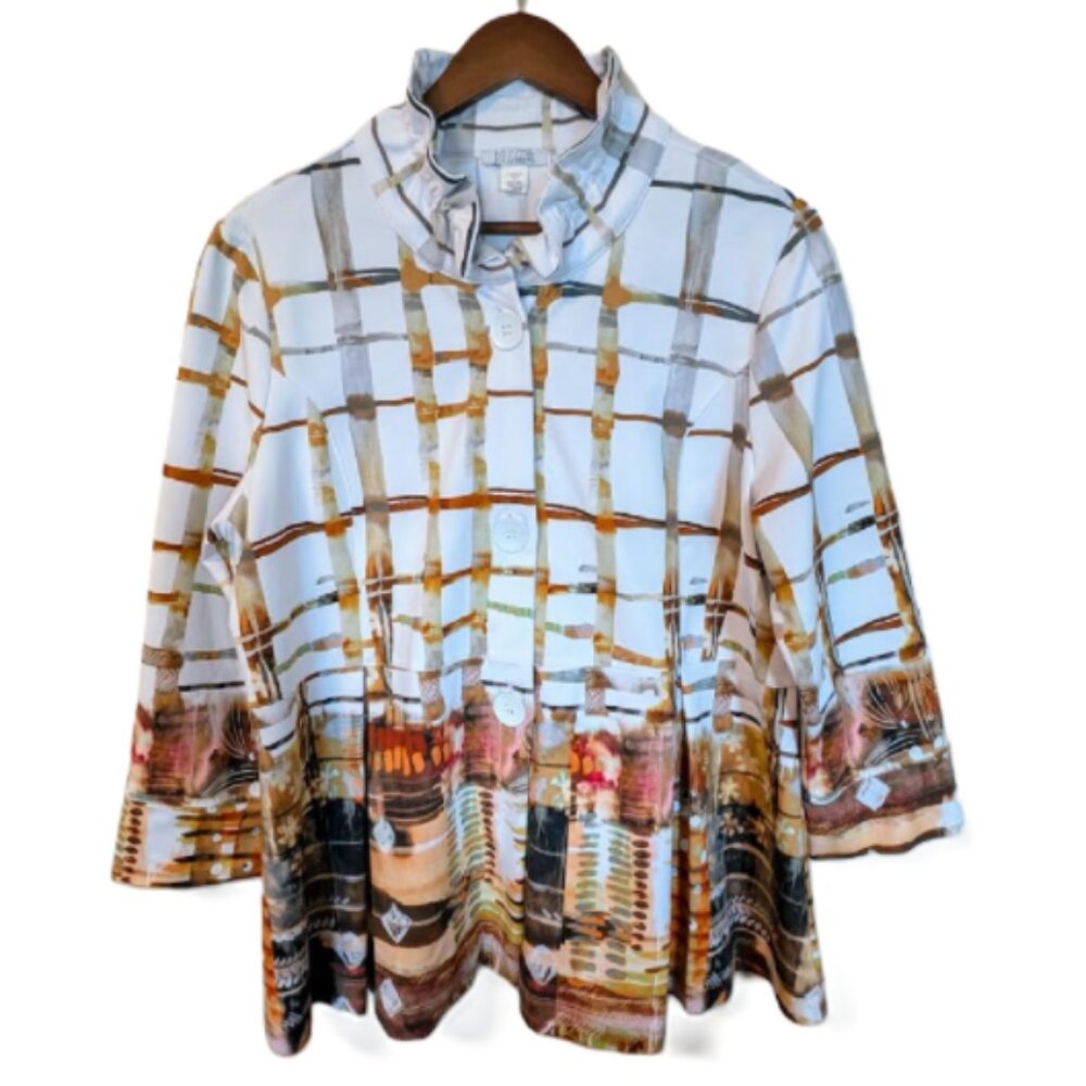 Simply Art by Dolcezza Abstract Printed Button Front Jacket Brown Multi Size L